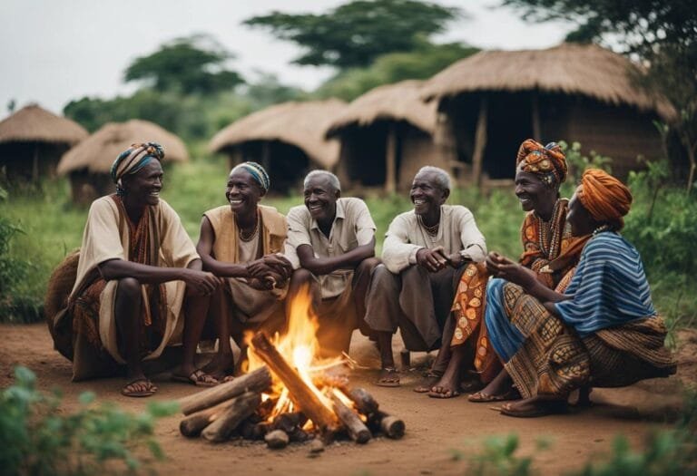 group african native sitting around fire laughing telling stories