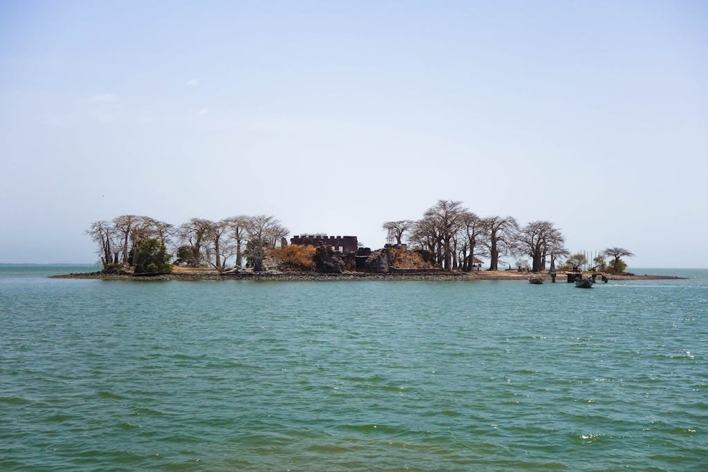 kunta kinteh island in jufferh in the gambia with calm and ocean blu water . the ex slave trading site. lamin ceesay writer blog post about gambia