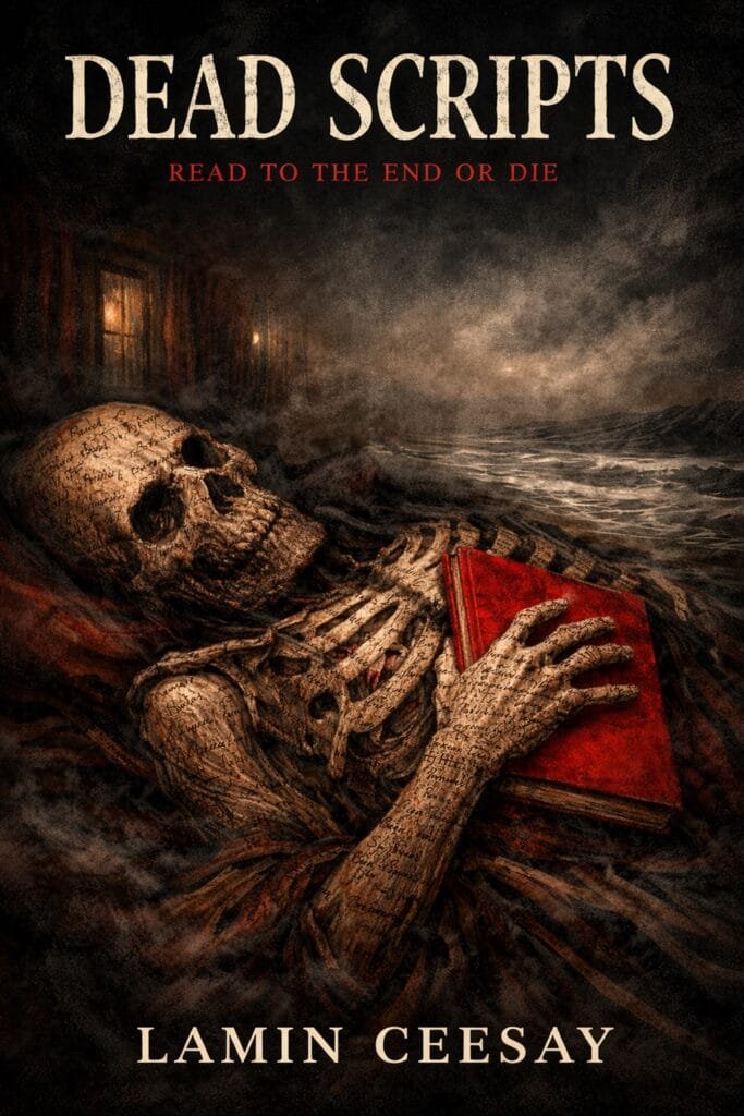 Dead Scripts book cover , a skeleton holding a red book, by Lamin Ceesay