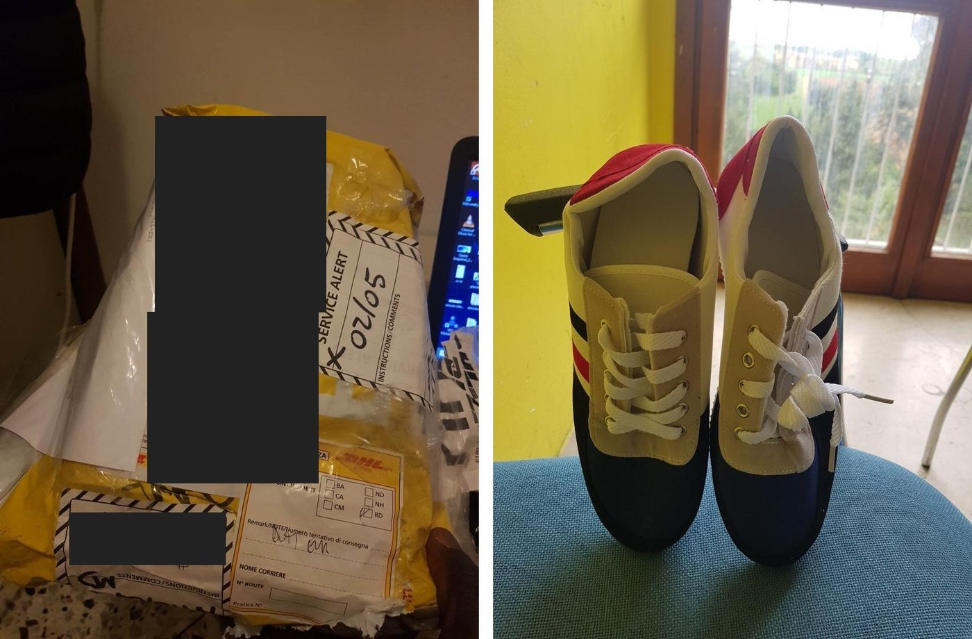 The parcel from Shenzhen, with the address covered, and the shoes that came in it